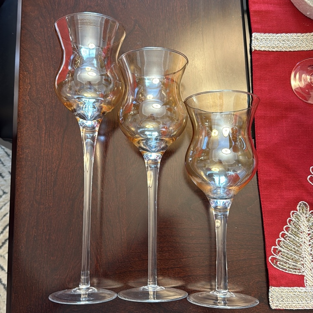 Set of 3 Long-stemmed Candle Holders with Iridescent Amber Finish- Beautiful!